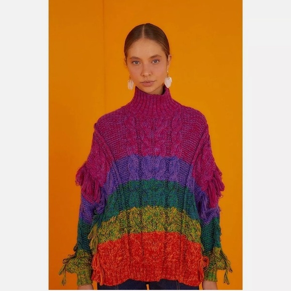 FARM RIO Multicolored Yarn Rainbow Turtleneck Sweater - Picture 1 of 17